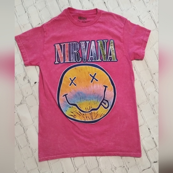 NIRVANA Tops - Nirvana Pink Acid Washed Vintage Band Tee Shirt Crew Neck Oversized Unis…